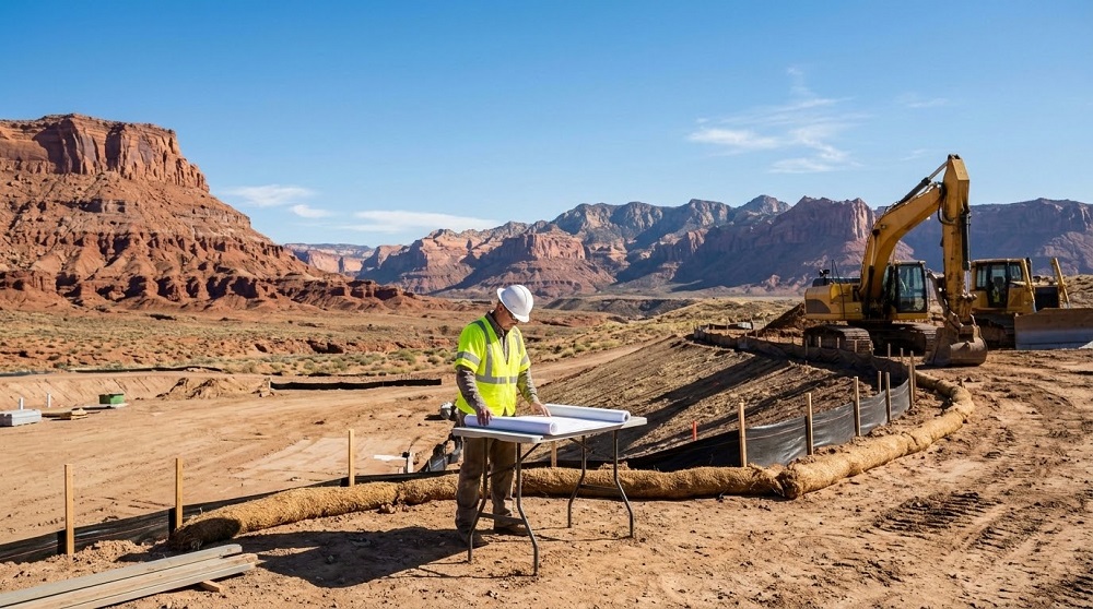 A contractor in a high-visibility vest reviews blueprints at a large construction site in Utah