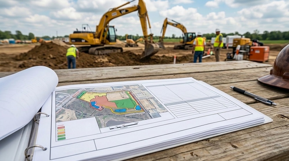 A graphic displaying a map and chart illustrating a SWPPP on a construction project.