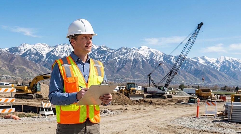 An inspector in a hard hat and high-visibility vest reviews a construction site in front of a mountain landscape