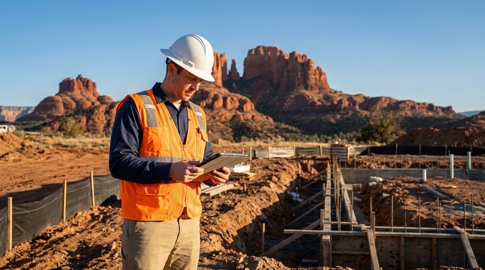Construction inspector in a hard hat and safety vest using a tablet at a Utah construction site