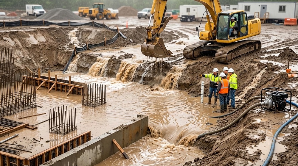 Flooded construction site excavation with workers and dewatering pump.