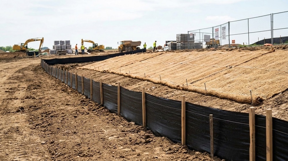 Silt fence and erosion control blanket on a construction site.